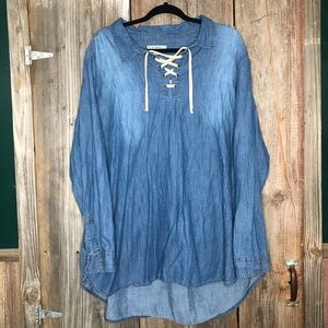 Denim Lace Neck Top ✨